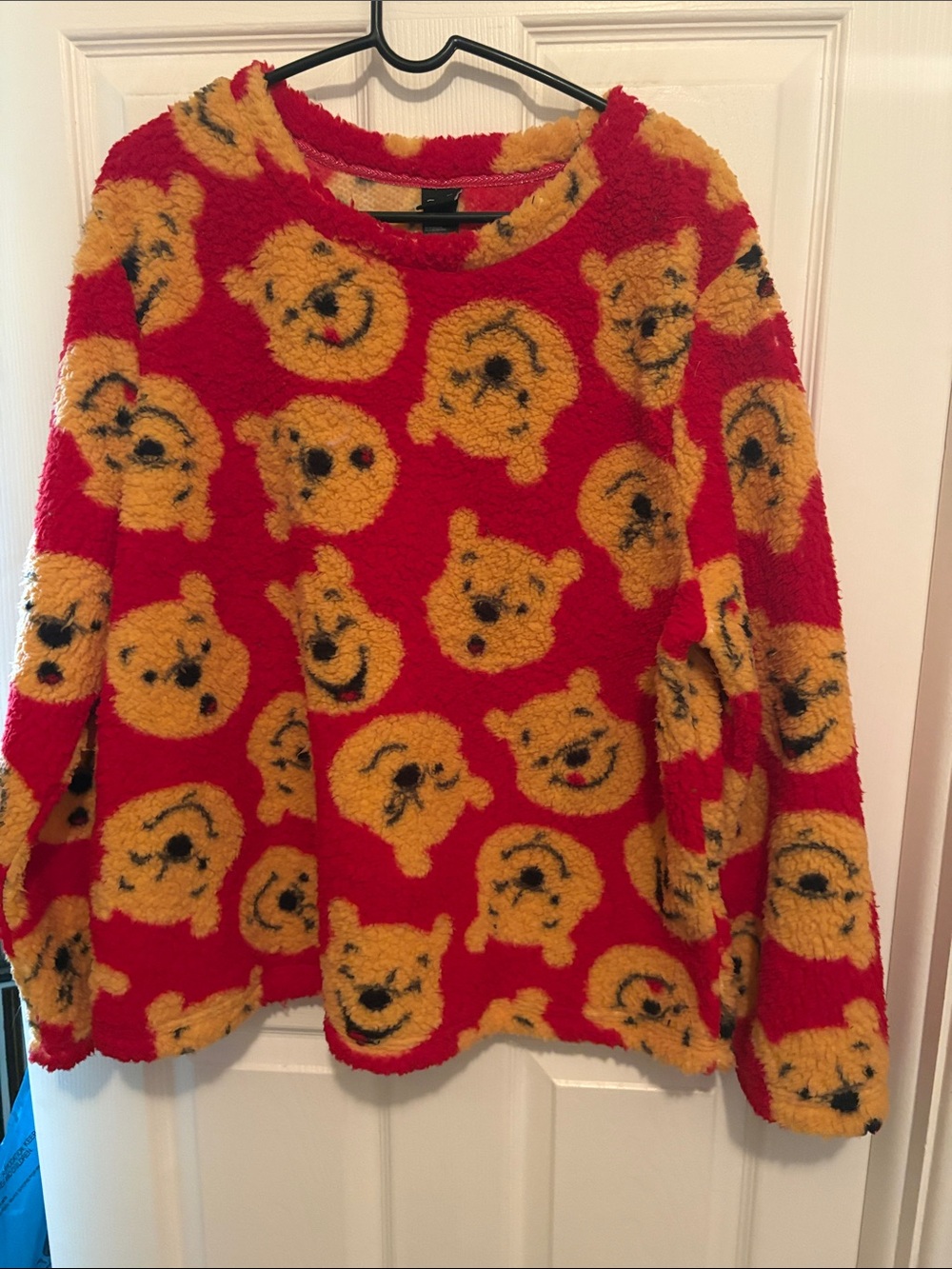 Disney Women's Red Crewneck Soft Sherpa with Yellow Winnie the Pooh Faces